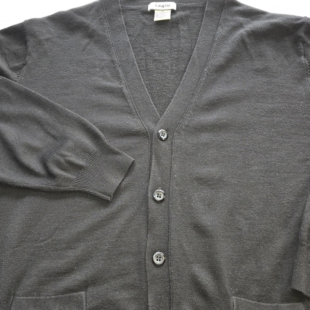 Tagio Men XL Cardigan Sweater Merino Wool Blend Black Grandpa Core Retro...